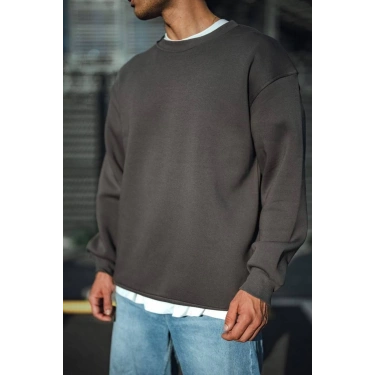 Kışlık Bisiklet Yaka Üç İplik Basic SweatShirt - Antrasit -