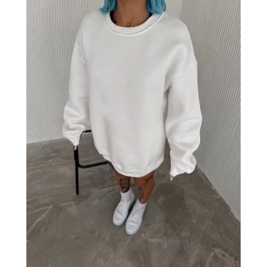 Kışlık Bisiklet Yaka Üç İplik Basic SweatShirt - Beyaz
