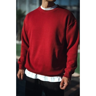 Kışlık Bisiklet Yaka Üç İplik Basic SweatShirt - Bordo