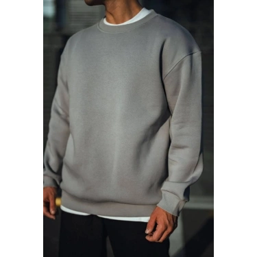 Kışlık Bisiklet Yaka Üç İplik Basic SweatShirt - Boyalı Gri