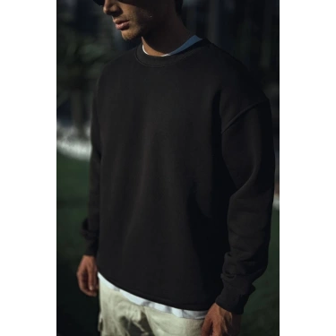 Kışlık Bisiklet Yaka Üç İplik Basic SweatShirt - Siyah -