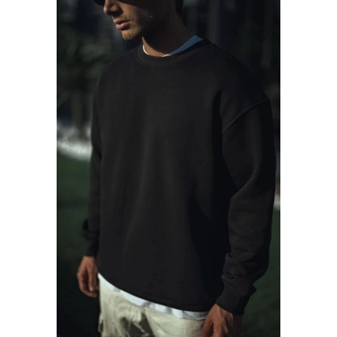 Kışlık Bisiklet Yaka Üç İplik Basic SweatShirt - Siyah
