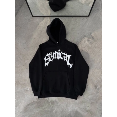 Kışlık Kapşonlu Baskılı Oversize SweatShirt- Siyah