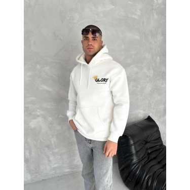 Kışlık Üç İplik Kapşonlu SweatShirt - Beyaz