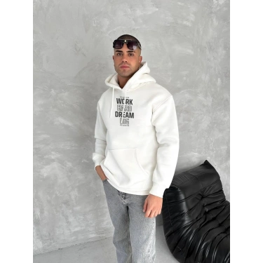 Kışlık Üç İplik Kapüşonlu SweatShirt - Beyaz -