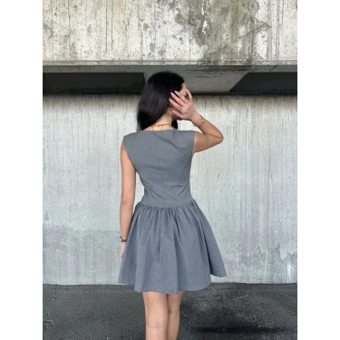 Kolsuz Mini Elbise- Gri