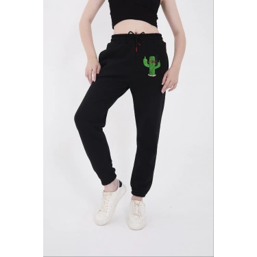 Lastikli Baskılı Eşofman Pantolon - Siyah