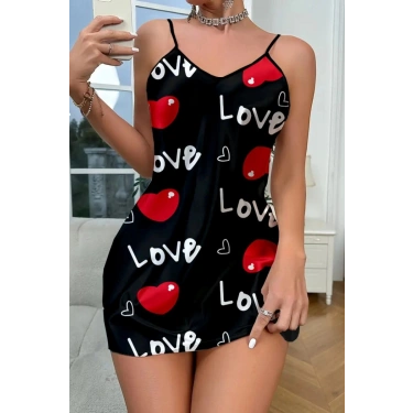 Love Desenli Saten Gecelik