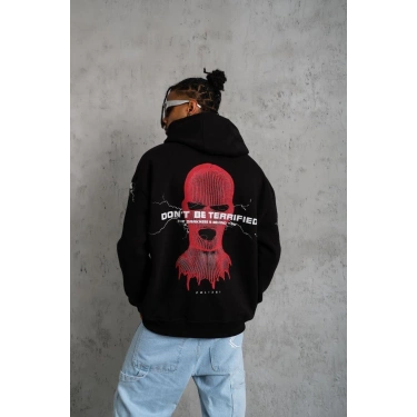 Maske Baskılı Kapüşonlu Sweat - Siyah