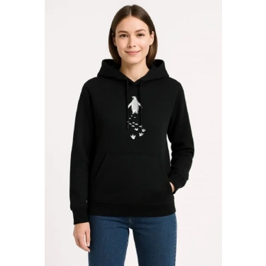 Nihilist Penguen Temalı Oversize Kapüşonlu Sweatshirt - Siyah