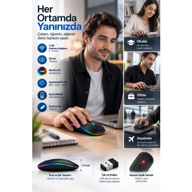 Ofis Ev Okul Kullanımına Uygun Şarjlı Kablosuz Mouse