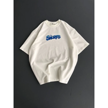 Ön Ve Arka Baskılı Oversize Bisiklet Yaka T-shirt- Beyaz