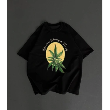Ön Ve Arka Baskılı Oversize Bisiklet Yaka T-shirt- Siyah