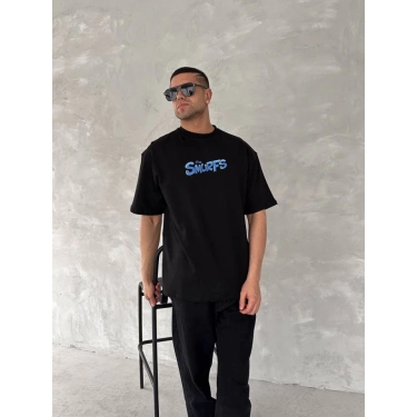 Ön Ve Arka Baskılı Oversize Bisiklet Yaka T-shirt- Siyah
