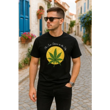 Ön Ve Arka Baskılı Oversize Bisiklet Yaka T-shirt- Siyah