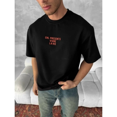 Ön Ve Arka Baskılı Oversize Bisiklet Yaka T-shirt- Siyah