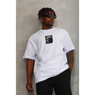 Oversize Baskılı Bisiklet Yaka T-Shirt - Beyaz -