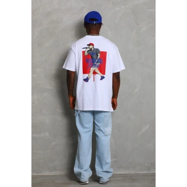 Oversize Baskılı Bisiklet Yaka T-Shirt - Beyaz -