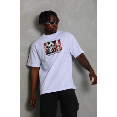 Oversize Baskılı Bisiklet Yaka T-Shirt - Beyaz -