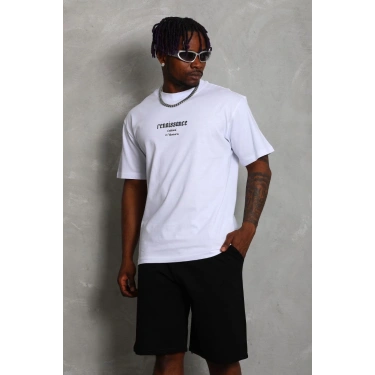 Oversize Baskılı Bisiklet Yaka T-Shirt - Beyaz -