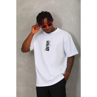 Oversize Baskılı Bisiklet Yaka T-Shirt - Beyaz -
