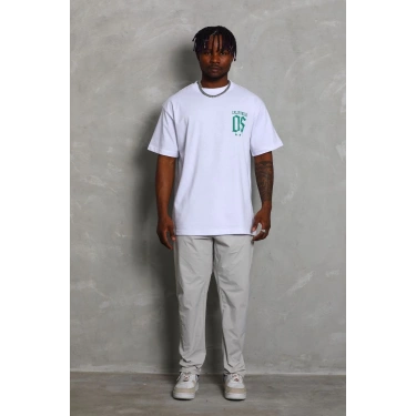 Oversize Baskılı Bisiklet Yaka T-Shirt - Beyaz -