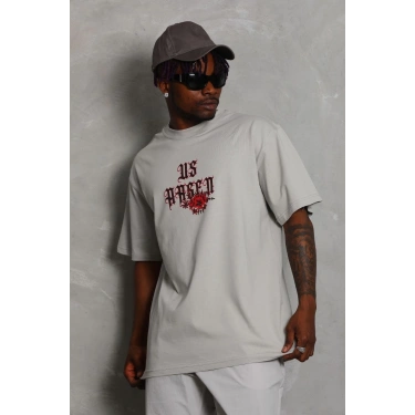 Oversize Baskılı Bisiklet Yaka T-Shirt - Gri -