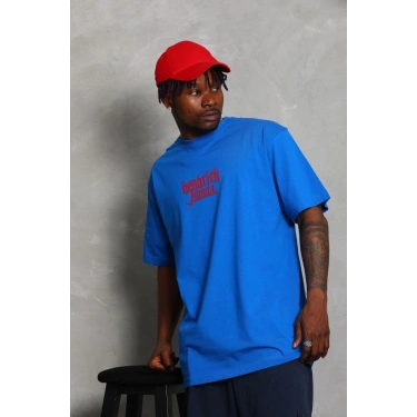 Oversize Baskılı Bisiklet Yaka T-Shirt - Mavi -