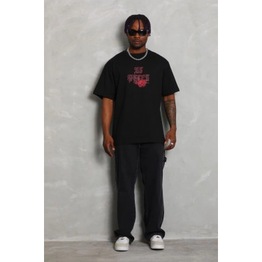 Oversize Baskılı Bisiklet Yaka T-Shirt - Siyah -