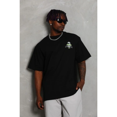 Oversize Baskılı Bisiklet Yaka T-Shirt - Siyah -