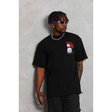 Oversize Baskılı Bisiklet Yaka T-Shirt - Siyah -