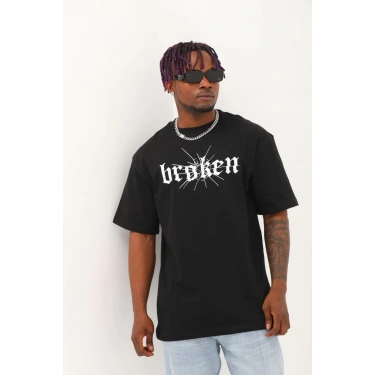 Oversize Baskılı Bisiklet Yaka T-Shirt - Siyah -