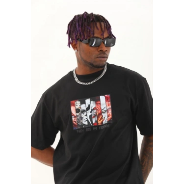 Oversize Baskılı Bisiklet Yaka T-Shirt - Siyah -