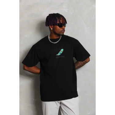 Oversize Baskılı Bisiklet Yaka T-Shirt - Siyah -
