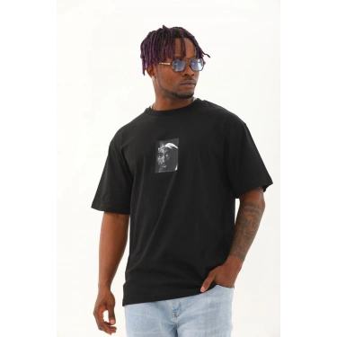 Oversize Baskılı Bisiklet Yaka T-Shirt - Siyah -