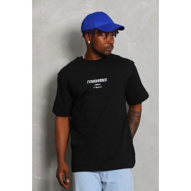 Oversize Baskılı Bisiklet Yaka T-Shirt - Siyah -