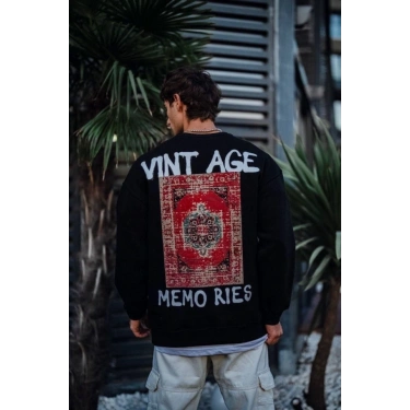 Oversize Bisiklet Yaka Üç İplik Baskılı SweatShirt - Siyah