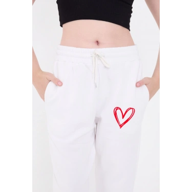 Oversize Boru Paça Baskılı Eşofman Pantolon - Beyaz