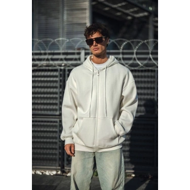 Oversize Tam Fermuarlı Uzun Kol Hırka - Beyaz
