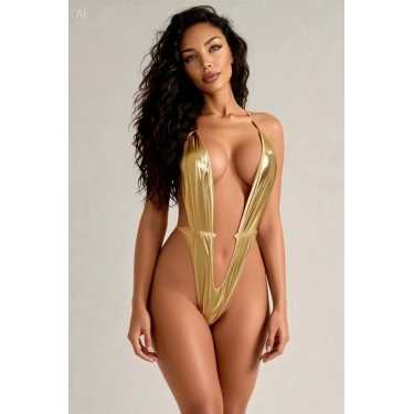 Özel Tasarım Kadın Altın Parlak Bodysuit