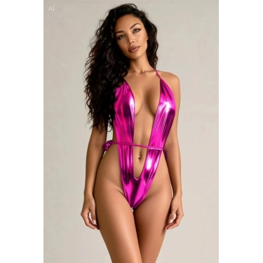 Özel Tasarım Kadın Pembe Parlak Bodysuit