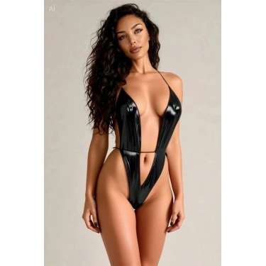 Özel Tasarım Kadın Siyah Parlak Bodysuit