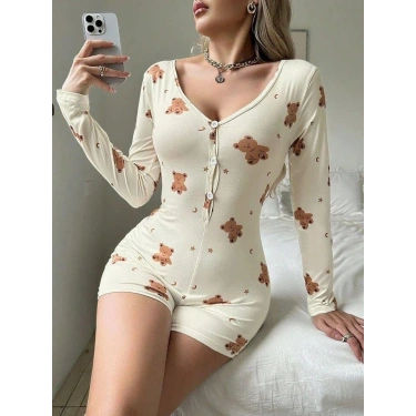 Pamuklu Ekru Ayıcık Desenli Düğmeli Tulum Pijama