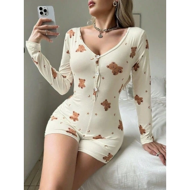 Pamuklu Ekru Ayıcık Desenli Düğmeli Tulum Pijama