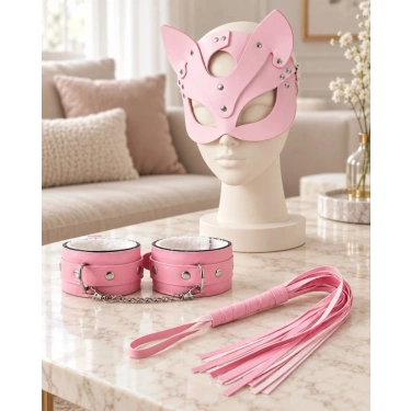 Pembe Kedi Maskesi Kelepçe Kırbaç Seti 3 Parça