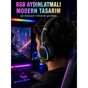 Rgb Işıklı Bluetooth Mikrofonlu Kulaklık Uzun Süreli Kullanım Type-c Şarjlı