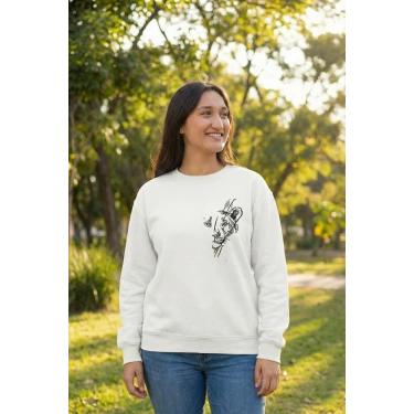 Sevgililer Gününe Baskılı Oversize Bisiklet Yaka Sweatshirt - Beyaz