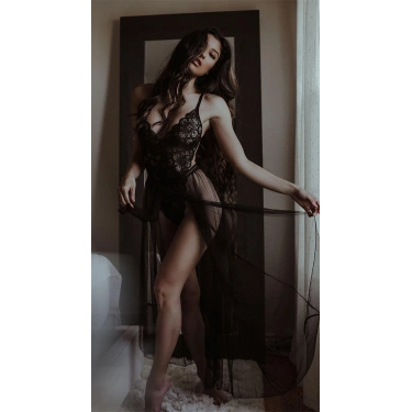 Siyah Belden Bağlamalı Dantelli Body Gecelik