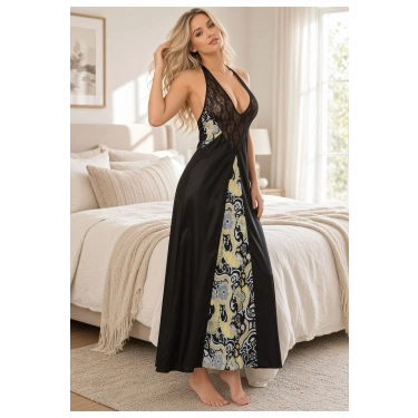 Siyah Dantelli Saten Gecelik - 086