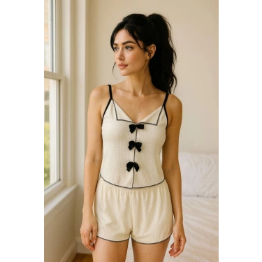 Siyah Kurdelalı Fitilli Askılı Şortlu Pijama Takımı
